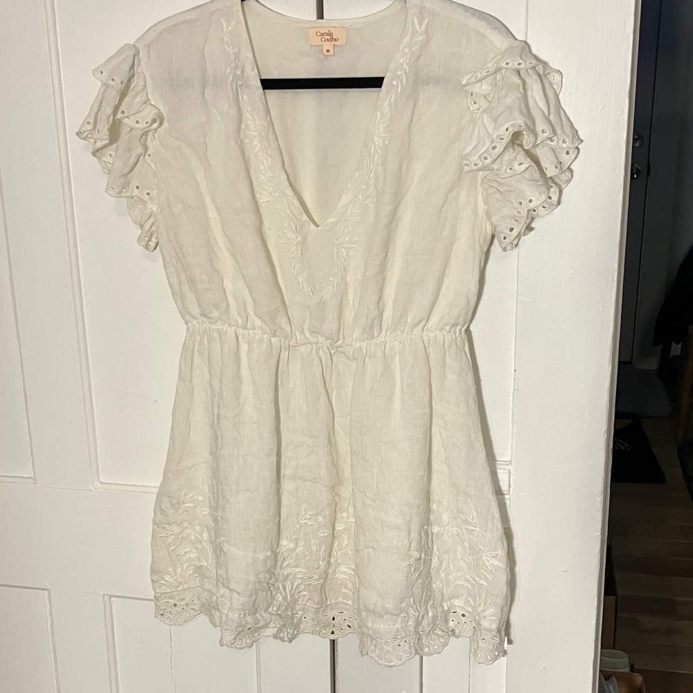 Camila Coelho Eyelet White Linen Mini Dress